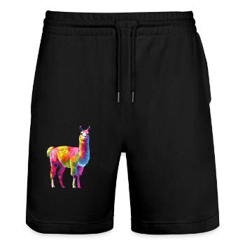 Lama Alpaka Regenbogen Kunstwerk - Stanley/Stella Unisex Bio Joggingshorts Trainer  - Schwarz - Vorne - Nik (191cm) & Marisol (170cm)