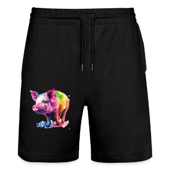 Buntes Schwein Aquarell Kunstwerk Farbenfrohes - Stanley/Stella Unisex Bio Joggingshorts Trainer  - Schwarz - Vorne - Nik (191cm) & Marisol (170cm)