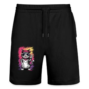 Streetstyle Katze Graffiti Kunst Streetart - Stanley/Stella Unisex Bio Joggingshorts Trainer  - Schwarz - Vorne - Nik (191cm) & Marisol (170cm)