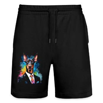 Dobermann Anzug Hund Bunt Lustig Tier Design Print - Stanley/Stella Unisex Bio Joggingshorts Trainer  - Schwarz - Vorne - Nik (191cm) & Marisol (170cm)