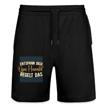Entspann dich Opa Harald regelt das - Stanley/Stella Unisex Bio Joggingshorts Trainer  - Schwarz - Vorne - Nik (191cm) & Marisol (170cm)