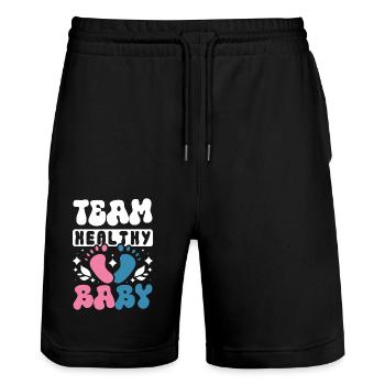 Équipe bébé en bonne santé - Short de jogging bio TRAINER Stanley/Stella unisexe - noir - Devant - Nik (191cm) & Marisol (170cm)