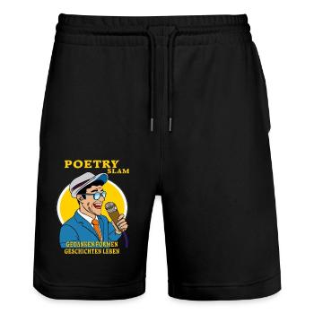 POETRY SLAM THOUGHTS FORM STORIES - Stanley/Stella Trainer Unisex Organic Jogging Shorts - black - Front - Nik (191cm) & Marisol (170cm)