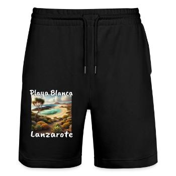 Playa Blanca Lanzarote Strand Urlaub Düne Wüste - Stanley/Stella Unisex Bio Joggingshorts Trainer  - Schwarz - Vorne - Nik (191cm) & Marisol (170cm)