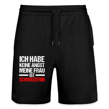 Swiss Switzerland - Stanley/Stella Trainer Unisex Organic Jogging Shorts - black - Front - Nik (191cm) & Marisol (170cm)