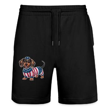 Dachshunds in American Flag Costumes - Stanley/Stella Trainer Unisex Organic Jogging Shorts - black - Front - Nik (191cm) & Marisol (170cm)
