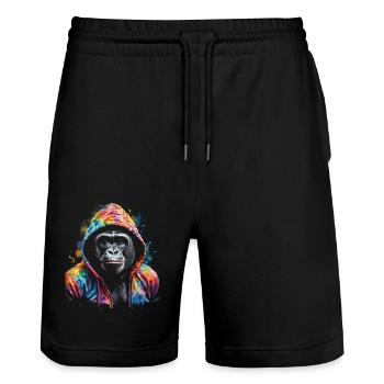 Gorilla Hoodie Affe Bunt Tier Design Print - Stanley/Stella Unisex Bio Joggingshorts Trainer  - Schwarz - Vorne - Nik (191cm) & Marisol (170cm)