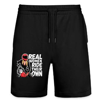 Real Women Ride Their Own für eine - Stanley/Stella Unisex Bio Joggingshorts Trainer  - Schwarz - Vorne - Nik (191cm) & Marisol (170cm)