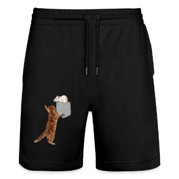 Katze, die Nach Maus In Falscher Tasche Lustiges Tier Greift - Stanley/Stella Unisex Bio Joggingshorts Trainer  - Schwarz - Vorne - Nik (191cm) & Marisol (170cm)