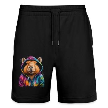Capybara Hoodie Capy Bunt Tier Design Print - Stanley/Stella Unisex Bio Joggingshorts Trainer  - Schwarz - Vorne - Nik (191cm) & Marisol (170cm)