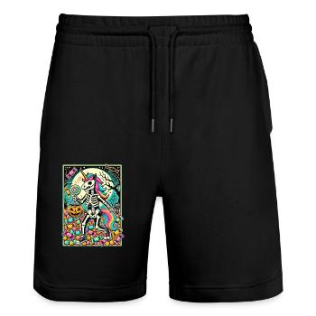 Funny Unicorn Skeleton Loves Candy - Stanley/Stella Trainer Unisex Organic Jogging Shorts - black - Front - Nik (191cm) & Marisol (170cm)