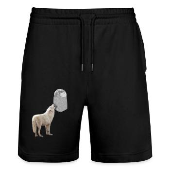 Loup hurlant à la lune dans votre fausse poche drôle - Short de jogging bio TRAINER Stanley/Stella unisexe - noir - Devant - Nik (191cm) & Marisol (170cm)