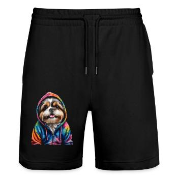 Shih Tzu Hoodie Hund Bunt Lustig Tier Design Print - Stanley/Stella Unisex Bio Joggingshorts Trainer  - Schwarz - Vorne - Nik (191cm) & Marisol (170cm)