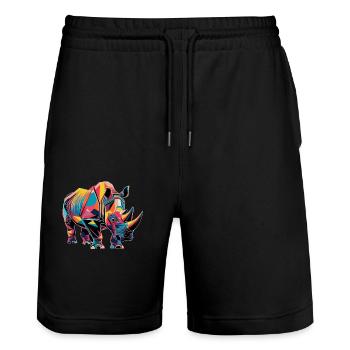 Buntes Rhinozeros Kunstwerk Geometrische Formen - Stanley/Stella Unisex Bio Joggingshorts Trainer  - Schwarz - Vorne - Nik (191cm) & Marisol (170cm)