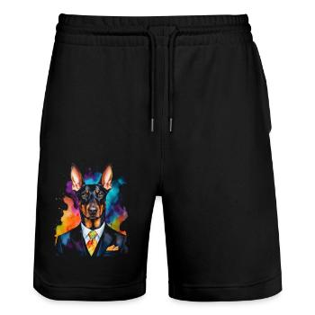 Dobermann Anzug Hund Bunt Lustig Tier Design Print - Stanley/Stella Unisex Bio Joggingshorts Trainer  - Schwarz - Vorne - Nik (191cm) & Marisol (170cm)