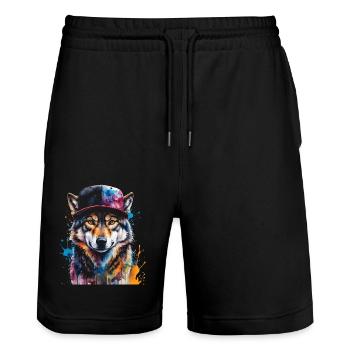 Casquette Snapback Loup Imprimé Animal Coloré - Short de jogging bio TRAINER Stanley/Stella unisexe - noir - Devant - Nik (191cm) & Marisol (170cm)