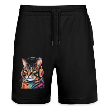Chat casque coloré drôle Animal Design imprimer - Short de jogging bio TRAINER Stanley/Stella unisexe - noir - Devant - Nik (191cm) & Marisol (170cm)