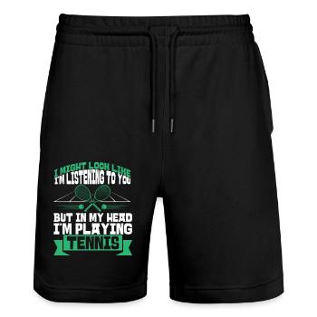 Funny Tennis Player Racket I Might - Stanley/Stella Trainer Unisex Organic Jogging Shorts - black - Front - Nik (191cm) & Marisol (170cm)