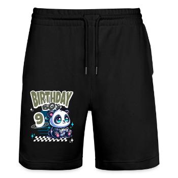 9th Birthday Children's Birthday Gaming Panda - Stanley/Stella Trainer Unisex Organic Jogging Shorts - black - Front - Nik (191cm) & Marisol (170cm)