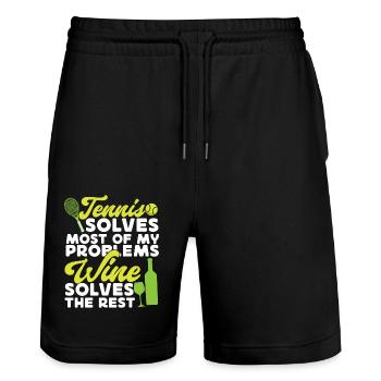 Drôle de joueur de tennis raquette vin - Short de jogging bio TRAINER Stanley/Stella unisexe - noir - Devant - Nik (191cm) & Marisol (170cm)