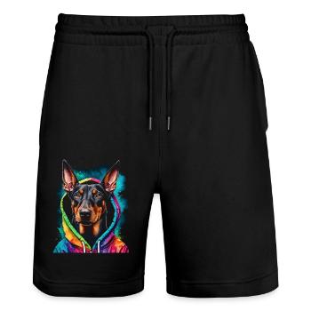 Dobermann Hoodie Hund Bunt Lustig Tier Print - Stanley/Stella Unisex Bio Joggingshorts Trainer  - Schwarz - Vorne - Nik (191cm) & Marisol (170cm)