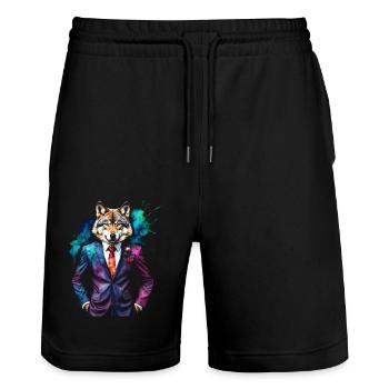 Costume de loup imprimé de conception animale colorée - Short de jogging bio TRAINER Stanley/Stella unisexe - noir - Devant - Nik (191cm) & Marisol (170cm)