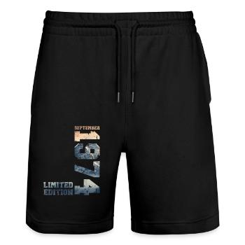 50th Birthday Original September 1974 Volume 74 - Stanley/Stella Trainer Unisex Organic Jogging Shorts - black - Front - Nik (191cm) & Marisol (170cm)
