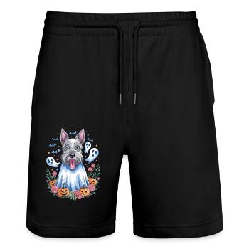 Chien mignon en costume de fantôme d'Halloween avec - Short de jogging bio TRAINER Stanley/Stella unisexe - noir - Devant - Nik (191cm) & Marisol (170cm)
