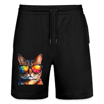 Katze Sonnenbrille Bunt Lustig Tier Design Print - Stanley/Stella Unisex Bio Joggingshorts Trainer  - Schwarz - Vorne - Nik (191cm) & Marisol (170cm)