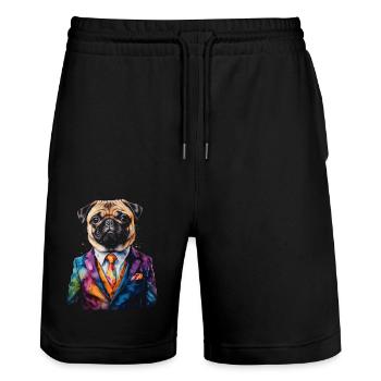Mops Anzug Hund Bunt Lustig Tier Design Print - Stanley/Stella Unisex Bio Joggingshorts Trainer  - Schwarz - Vorne - Nik (191cm) & Marisol (170cm)