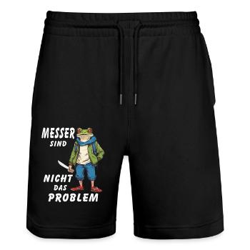 FROSCH MESSER SIND NICHT DAS PROBLEM - Stanley/Stella Unisex Bio Joggingshorts Trainer  - Schwarz - Vorne - Nik (191cm) & Marisol (170cm)