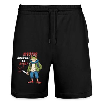 MESSER BRAUCHT ES NICHT - Stanley/Stella Unisex Bio Joggingshorts Trainer  - Schwarz - Vorne - Nik (191cm) & Marisol (170cm)