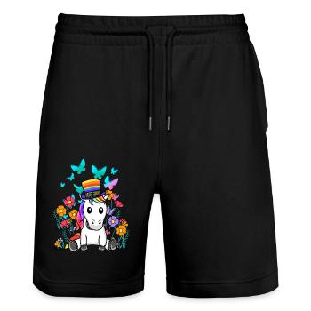 LGBT Einhorn Pferd Einhörner Regenbogen Blume - Stanley/Stella Unisex Bio Joggingshorts Trainer  - Schwarz - Vorne - Nik (191cm) & Marisol (170cm)