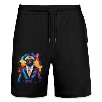 Mops Anzug Hund Bunt Lustig Tier Design Print - Stanley/Stella Unisex Bio Joggingshorts Trainer  - Schwarz - Vorne - Nik (191cm) & Marisol (170cm)