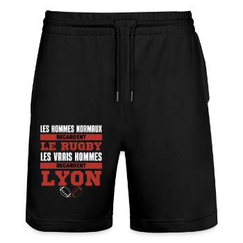 Vrais Hommes Regardent Lyon - Short de jogging bio TRAINER Stanley/Stella unisexe - noir - Devant - Nik (191cm) & Marisol (170cm)