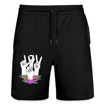 Sign language sign ASL deaf - Stanley/Stella Trainer Unisex Organic Jogging Shorts - black - Front - Nik (191cm) & Marisol (170cm)