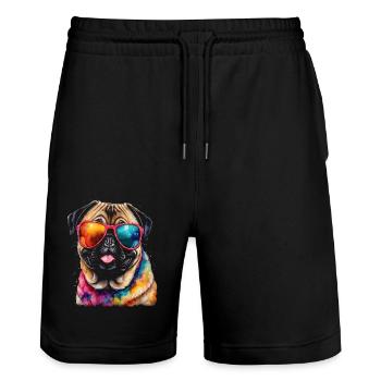 Mops Sonnenbrille Hund Bunt Lustig Design Print - Stanley/Stella Unisex Bio Joggingshorts Trainer  - Schwarz - Vorne - Nik (191cm) & Marisol (170cm)