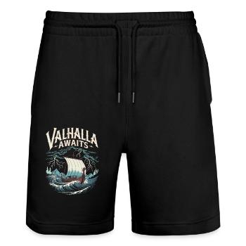 Wikingerschiff Valhalla Awaits für eine Wikinger - Stanley/Stella Unisex Bio Joggingshorts Trainer  - Schwarz - Vorne - Nik (191cm) & Marisol (170cm)