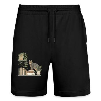 Chat noir avec des livres et des plantes - Short de jogging bio TRAINER Stanley/Stella unisexe - noir - Devant - Nik (191cm) & Marisol (170cm)