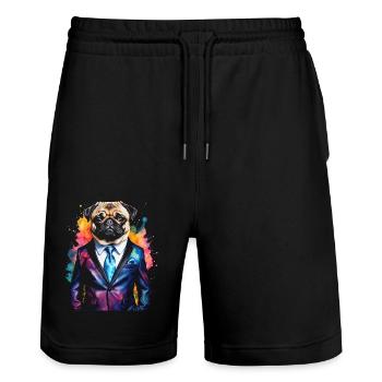 Mops Anzug Hund Bunt Lustig Tier Design Print - Stanley/Stella Unisex Bio Joggingshorts Trainer  - Schwarz - Vorne - Nik (191cm) & Marisol (170cm)