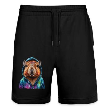 Capybara Hoodie Capy Bunt Tier Design Print - Stanley/Stella Unisex Bio Joggingshorts Trainer  - Schwarz - Vorne - Nik (191cm) & Marisol (170cm)
