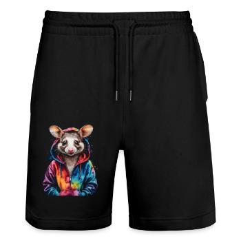Opossum Hoodie Bunt Tier Design Print - Stanley/Stella Unisex Bio Joggingshorts Trainer  - Schwarz - Vorne - Nik (191cm) & Marisol (170cm)