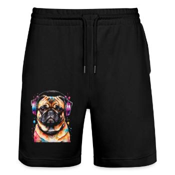 Mops Kopfhörer Hund Bunt Lustig Tier Design Print - Stanley/Stella Unisex Bio Joggingshorts Trainer  - Schwarz - Vorne - Nik (191cm) & Marisol (170cm)