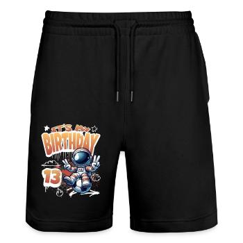Football Astronaut 13th Birthday - Stanley/Stella Trainer Unisex Organic Jogging Shorts - black - Front - Nik (191cm) & Marisol (170cm)