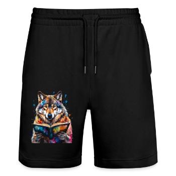 Livre de lecture loup Imprimé de conception animale colorée - Short de jogging bio TRAINER Stanley/Stella unisexe - noir - Devant - Nik (191cm) & Marisol (170cm)