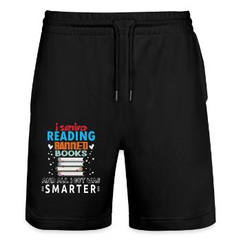 Womens I Survived Reading Banned Books - Stanley/Stella Trainer Unisex Organic Jogging Shorts - black - Front - Nik (191cm) & Marisol (170cm)
