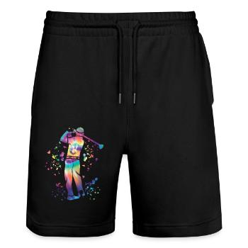 Golfer Colorsplash Kinder Miniaturgolf - Stanley/Stella Unisex Bio Joggingshorts Trainer  - Schwarz - Vorne - Nik (191cm) & Marisol (170cm)