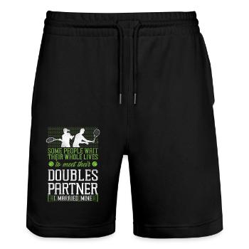 Funny Tennis Player Racket Husband - Stanley/Stella Trainer Unisex Organic Jogging Shorts - black - Front - Nik (191cm) & Marisol (170cm)