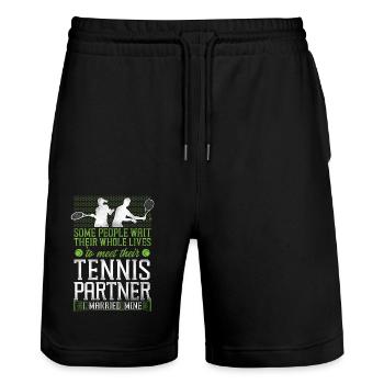 Funny Tennis Player Racket Husband - Stanley/Stella Trainer Unisex Organic Jogging Shorts - black - Front - Nik (191cm) & Marisol (170cm)