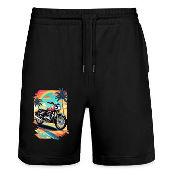 Retro motorcycle on a tropical beach - Stanley/Stella Trainer Unisex Organic Jogging Shorts - black - Front - Nik (191cm) & Marisol (170cm)